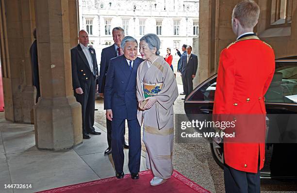 Emperor Akihito of Japan and Empress Michiko of Japan arrive at a lunch For Sovereign Monarchs in honour of Queen Elizabeth II's Diamond Jubilee, at...