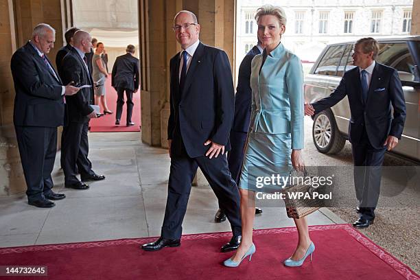 Prince Albert II of Monaco and Princess Charlene of Monaco arrive at a lunch For Sovereign Monarchs in honour of Queen Elizabeth II's Diamond...