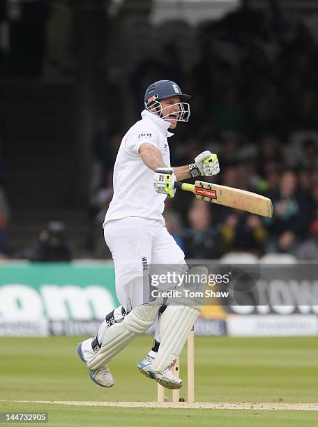 Andrew Strauss of England celebrates reaching his century during day 2 of the 1st Investec Test Match between England and West Indies at Lord's...