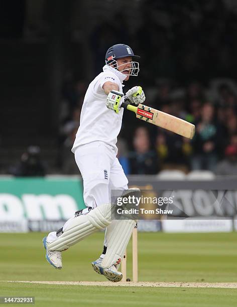 Andrew Strauss of England celebrates reaching his century during day 2 of the 1st Investec Test Match between England and West Indies at Lord's...