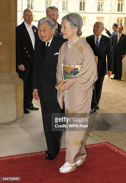 Emperor Akihito of Japan and Empress Michiko of Japan arrive for a lunch for Sovereign Monarchs in honour of Queen Elizabeth II's Diamond Jubilee, at...