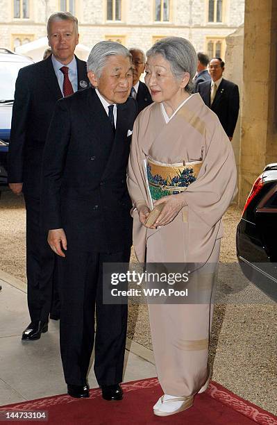 Emperor Akihito of Japan and Empress Michiko of Japan arrive for a lunch for Sovereign Monarchs in honour of Queen Elizabeth II's Diamond Jubilee, at...