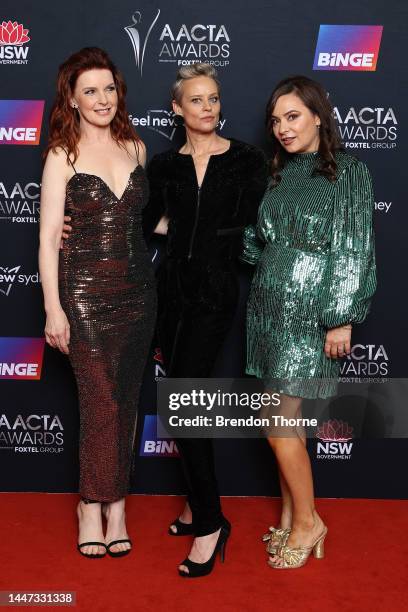 Jacqueline McKenzie and Nadine Garner attend the 2022 AACTA Awards Presented By Foxtel Group at the Hordern on December 07, 2022 in Sydney, Australia.