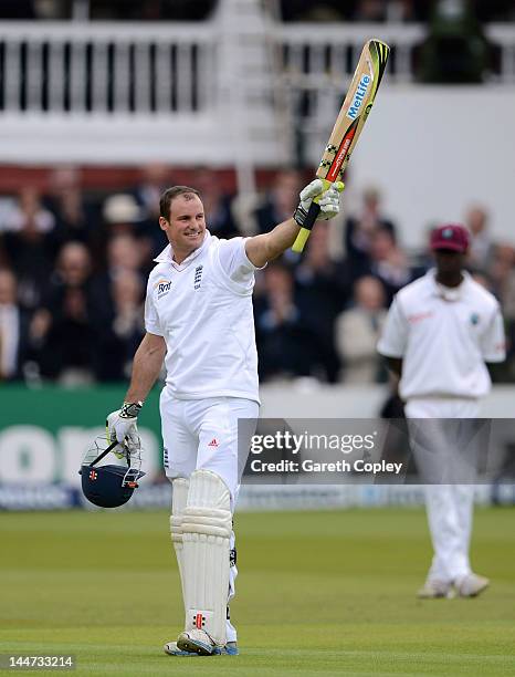 England captain Andrew Strauss salutes the crowd after reaching his century during day two of the first Test match between England and the West...