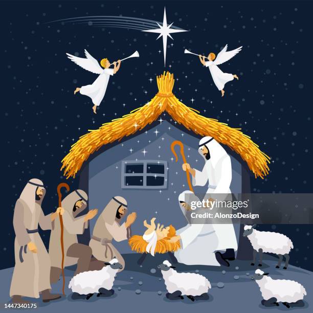 birth of christ. nativity scene. christmas scene and shepherd. - baby angel wings stock illustrations