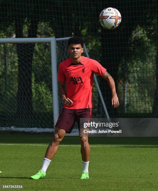 Luis Diaz of Liverpool durning a training session on December 07, 2022 in Dubai, United Arab Emirates.