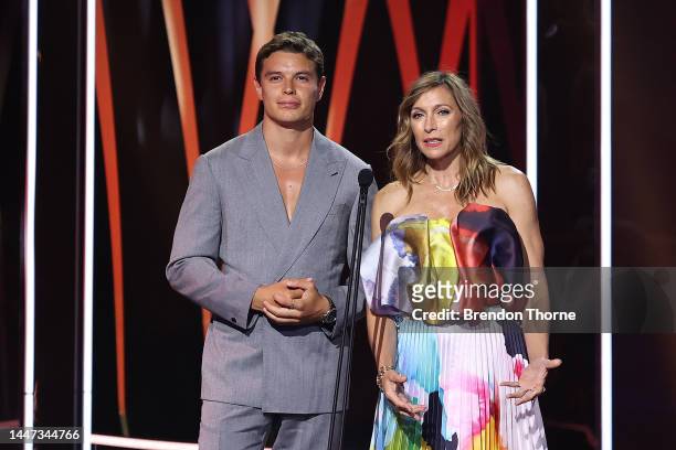 Carlos Sanson Jr and Claudia Karvan present the AACTA Award for Best Screenplay in Television during the 2022 AACTA Awards Presented By Foxtel Group...