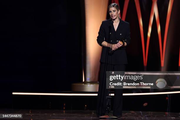 Brooke Satchwell accepts the AACTA Award for Best Supporting Actress in a Drama during the 2022 AACTA Awards Presented By Foxtel Group at the Hordern...
