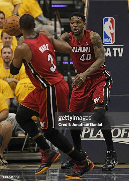 Udonis Haslem of the Miami Heat passes to Dwyane Wade against the Indiana Pacers in Game Three of the Eastern Conference Semifinals in the 2012 NBA...