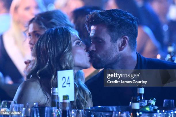 Chris Hemsworth kisses Elsa Pataky during the 2022 AACTA Awards Presented By Foxtel Group at the Hordern on December 07, 2022 in Sydney, Australia.