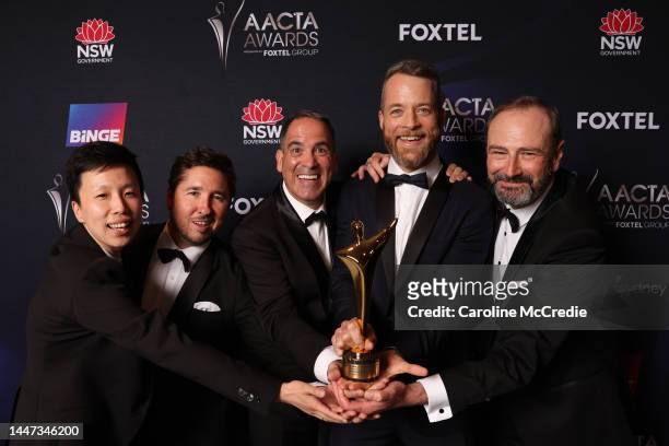 Ryan McNaught and Hamish Blake pose in the media room with the AACTA Award for Best Entertainment Program during the 2022 AACTA Awards Presented By...
