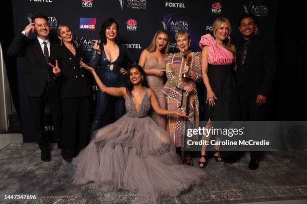 The cast and crew of The Twelve pose in the media room with AACTA Award for Best Miniseries during the 2022 AACTA Awards Presented By Foxtel Group at...