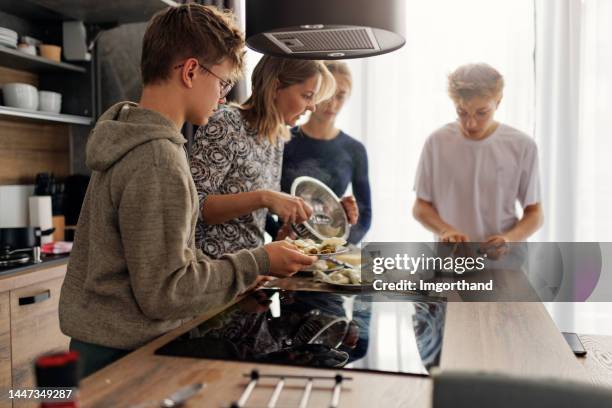 mother putting some dumplings on the kid's plates - wood accuracy stock pictures, royalty-free photos & images