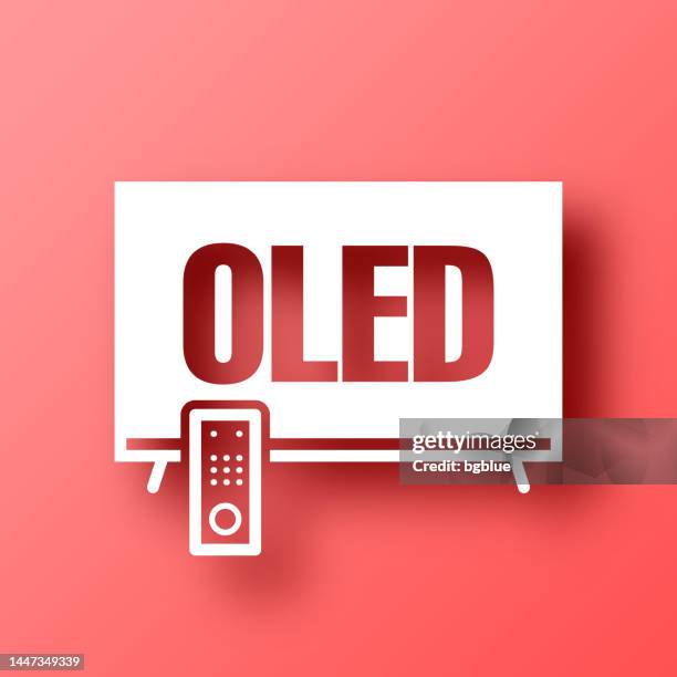 oled-fernseher. symbol auf rotem hintergrund mit schatten - oled stock-grafiken, -clipart, -cartoons und -symbole