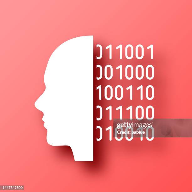human face with binary code. icon on red background with shadow - smart bot face stock illustrations