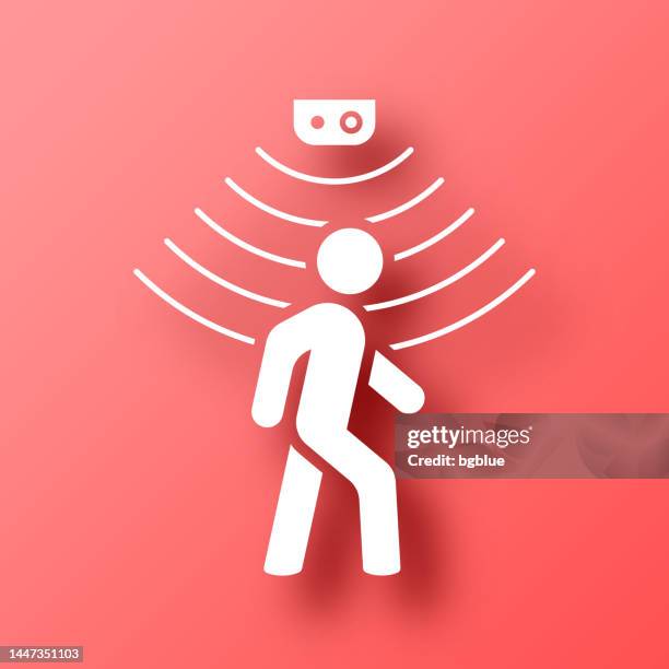 motion sensor. icon on red background with shadow - sensor stock illustrations