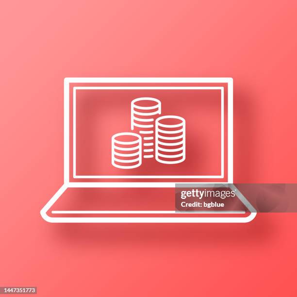 laptop with stack of coins. icon on red background with shadow - laptops stacked stock illustrations