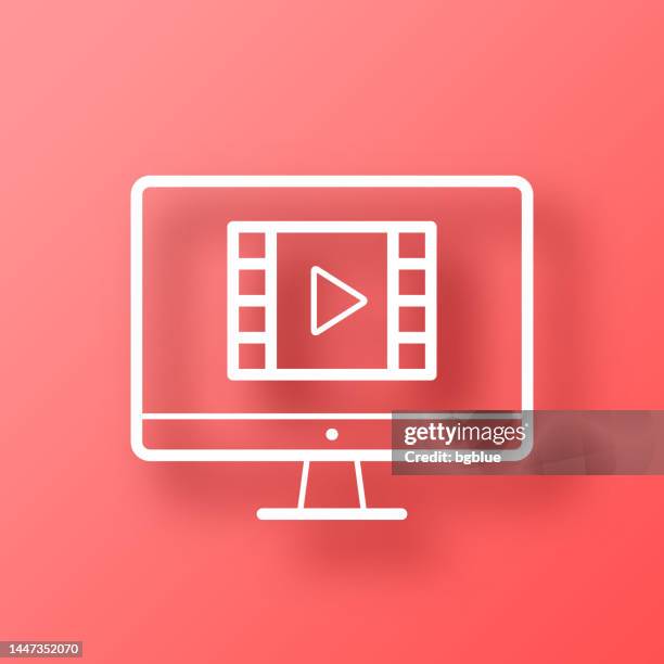 illustrazioni stock, clip art, cartoni animati e icone di tendenza di guarda il video sul computer desktop. icona su sfondo rosso con ombra - video on demand