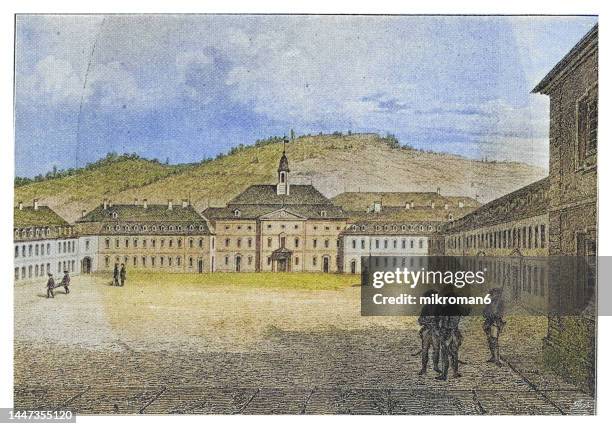 old engraved illustration of hohe karlsschule (karl's high school) the strict military academy founded by karl eugen, duke of württemberg in stuttgart, germany (founded in 1770 as a military orphanage, but then converted into a military academy in 1773) - karlsschule stuttgart stock pictures, royalty-free photos & images