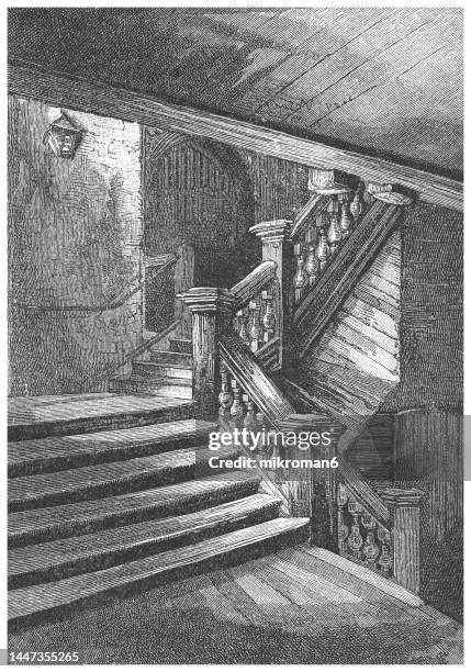 old engraved illustration of eton college - the staircase (eton, berkshire, near windsor, england) - eton college stock pictures, royalty-free photos & images