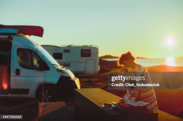 woman making burger near atlantic road in norway - fresh meat film stock pictures, royalty-free photos & images