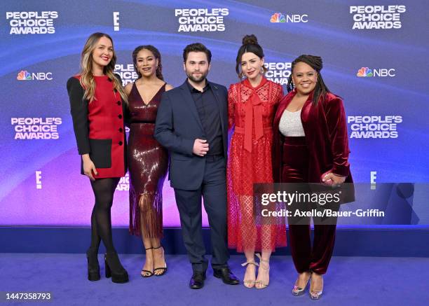 Camilla Luddington, Kelly McCreary, Jake Borelli, Caterina Scorsone, and Chandra Wilson attend the 2022 People's Choice Awards at Barker Hangar on...