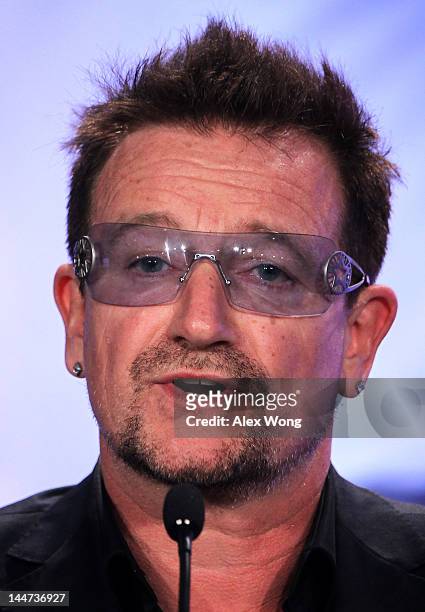 Bono, U2 lead singer and cofounder of ONE, speaks during the Symposium on Global Agriculture and Food Security May 18, 2012 at the Ronald Reagan...