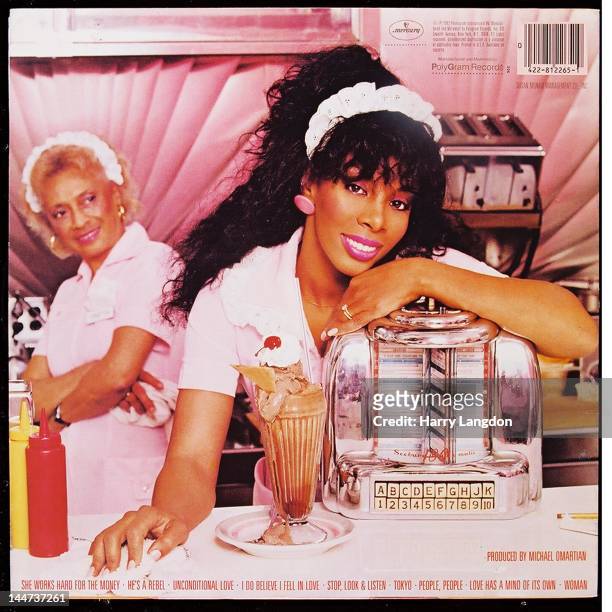 The back cover of the Donna Summer album 'She Works Hard for the Money' released in 1983.