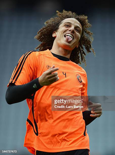 David Luiz of Chelsea reacts during the Chelsea training session, ahead of the UEFA Champions League Final between FC Bayern Muenchen and Chelsea at...