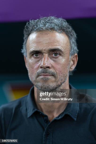 Spain Manager Luis Enrique looks on from the sideline during the FIFA World Cup Qatar 2022 Round of 16 match between Morocco and Spain at Education...