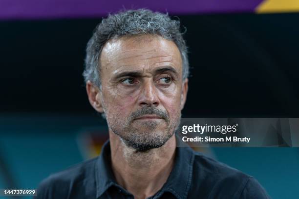Spain Manager Luis Enrique looks on from the sideline during the FIFA World Cup Qatar 2022 Round of 16 match between Morocco and Spain at Education...