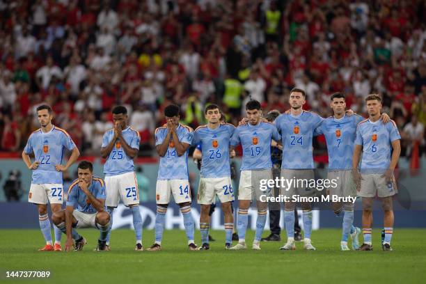 Spain players react during the penalty shootout during the FIFA World Cup Qatar 2022 Round of 16 match between Morocco and Spain at Education City...