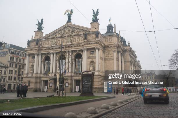 Car convoy passes by the Opera Theatre during a car rally on December 3, 2022 in Lviv, Ukraine. On December 3, a car rally in support of Ukrainian...