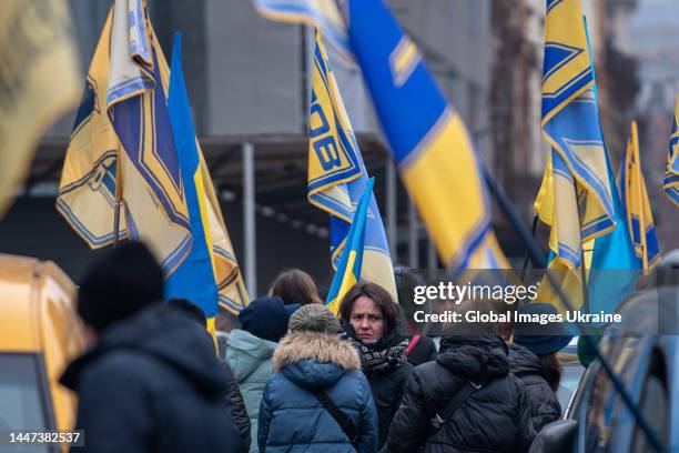 Participants of a car rally gathered on the square near the monument to Mickiewicz with Ukrainian flags and flags of the AZOV regiment on December 3,...