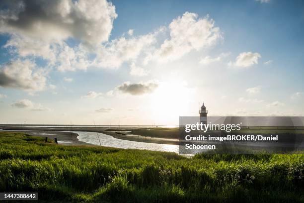 black and white lighthouse, kleiner preusse lighthouse, wremen, wadden sea, weser estuary, north sea, lower saxony, germany - weser river stock pictures, royalty-free photos & images