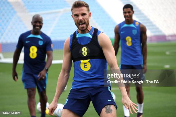 Jordan Henderson of England reacts during an England training session at Al Wakrah Stadium on December 07, 2022 in Doha, Qatar.