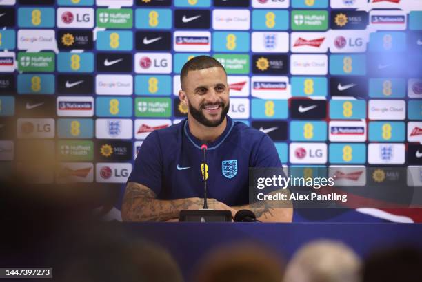 Kyle Walker speaks during an England press conference at Al Wakrah Stadium on December 07, 2022 in Doha, Qatar.