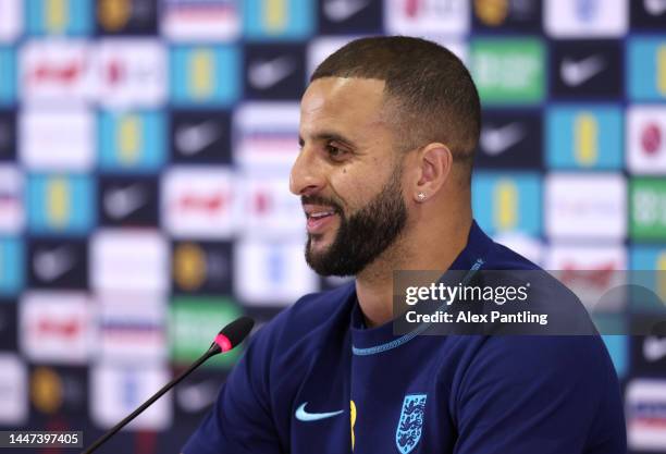 Kyle Walker speaks during an England press conference at Al Wakrah Stadium on December 07, 2022 in Doha, Qatar.