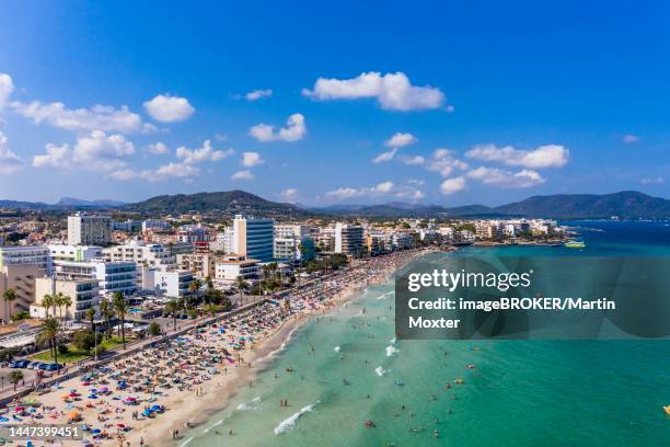 aerial view, helicopter flight over the bay of cala millor and cala bona, manacor region, mallorca, ballearen, spain - manacor stockfoto's en -beelden