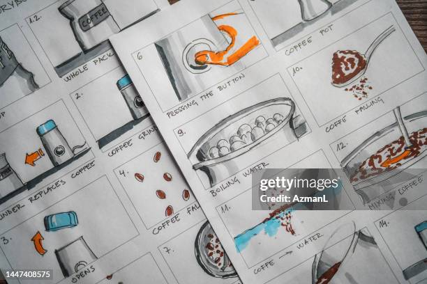 storyboard and colored pencils on the table - storyboard stock pictures, royalty-free photos & images