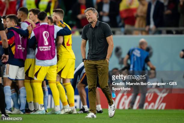 Head Coach Luis Enrique of Spain reacts during the FIFA World Cup Qatar 2022 Round of 16 match between Morocco and Spain at Education City Stadium on...