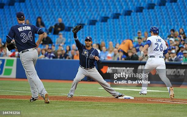 Adam Lind of the Toronto Blue Jays runs to first as Jeff Niemann of the Tampa Bay Rays throws the ball to Carlos Pena during MLB game action May 14,...