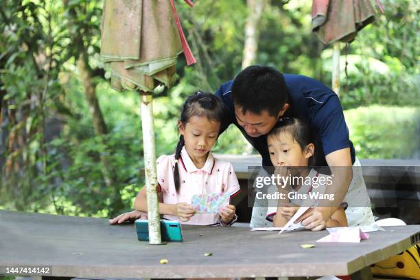 father and daughter playing origami in the park - origami instructions stock pictures, royalty-free photos & images