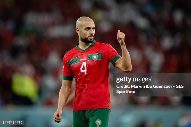 Sofyan Amrabat of Morocco gives his team instructions during the FIFA World Cup Qatar 2022 Round of 16 match between Morocco and Spain at Education...