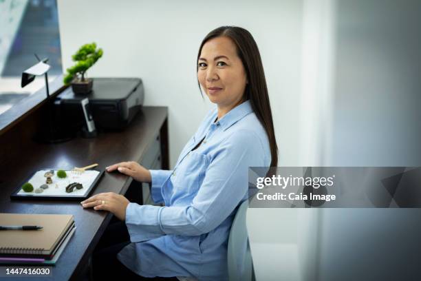 Portrait Businesswoman With Zen Garden In Office High-Res Stock Photo
