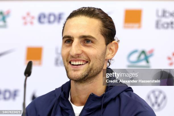 Adrien Rabiot of France talks to the media during a press conference at Al Sadd SC Stadium on December 08, 2022 in Doha, Qatar.