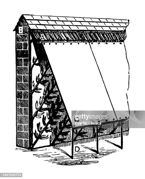 ilustraciones, imágenes clip art, dibujos animados e iconos de stock de ilustración de grabado antiguo: refugio francés de lienzo para árboles frutales - cortina rompeviento