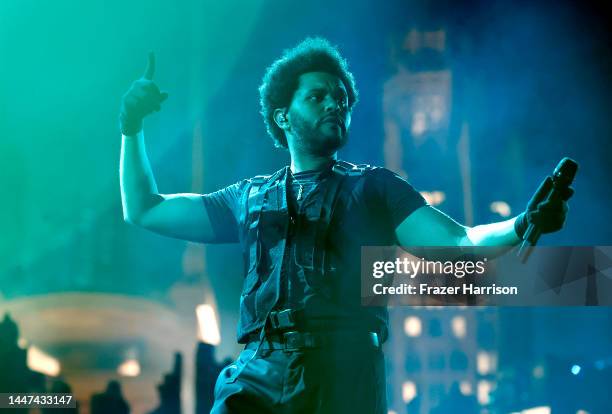 In this image released on December 7, The Weeknd performs during his “After Hours Til Dawn” tour at SoFi Stadium on November 27, 2022 in Los Angeles,...