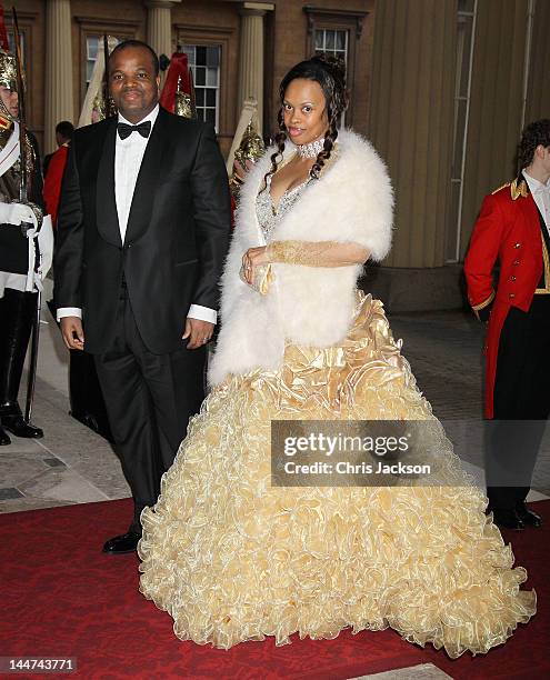 King Mswati III of Swaziland and Inkhosikati LaMbikiza attend a dinner for foreign Sovereigns to commemorate the Diamond Jubilee at Buckingham Palace...