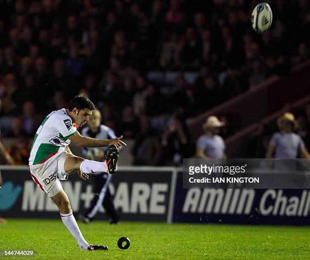 Dimitri Yachvili of Biarritz kicks a penalty shot during the European Challenge Cup Final Rugby Union match between Toulon and Biarritz at Twickenham...